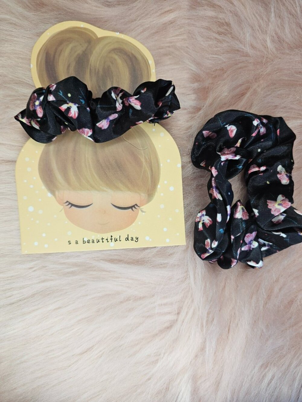 Black Floral Scrunchies Set (2-Pack) - Soft Satin Finish Cute Hair Accessories